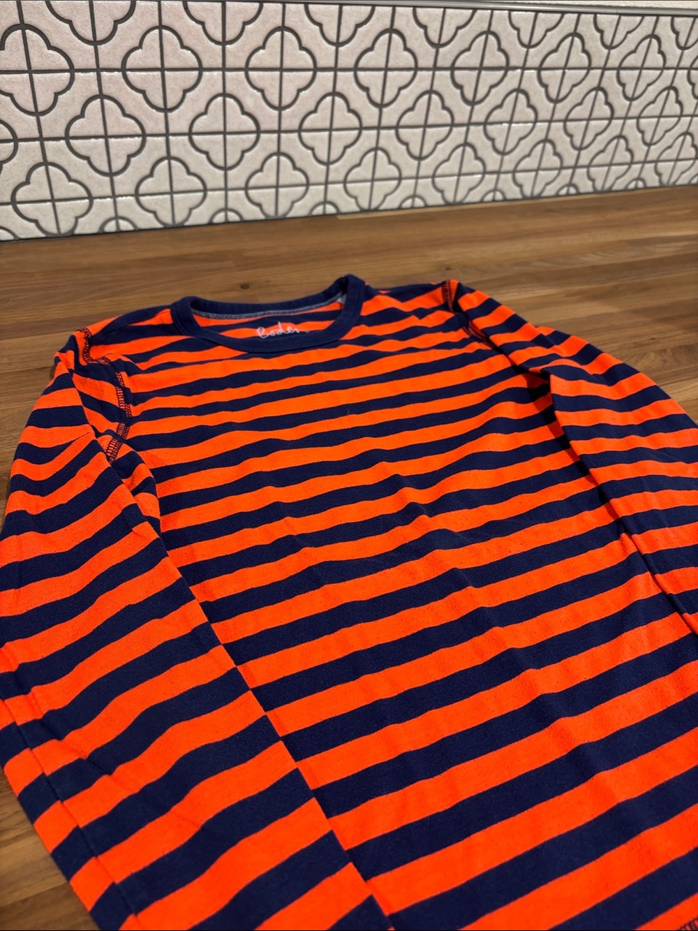 Boden Kids Long-Sleeve Stripe Tee in Orange and Navy
